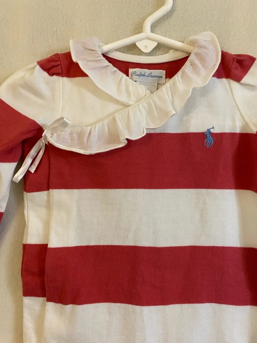 Ralph Lauren red white striped surplice ruffle long one piece